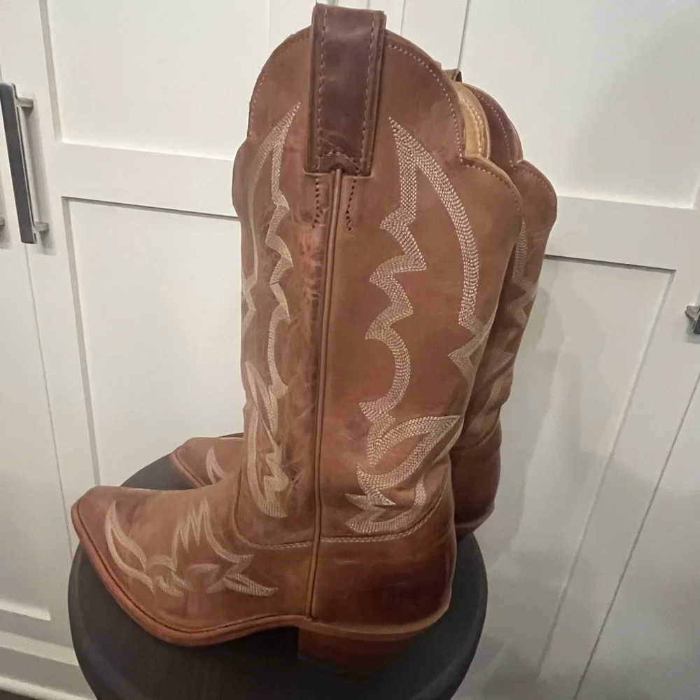 Justin Cowboy Boots Tan Leather Heeled - Picture 4 of 7